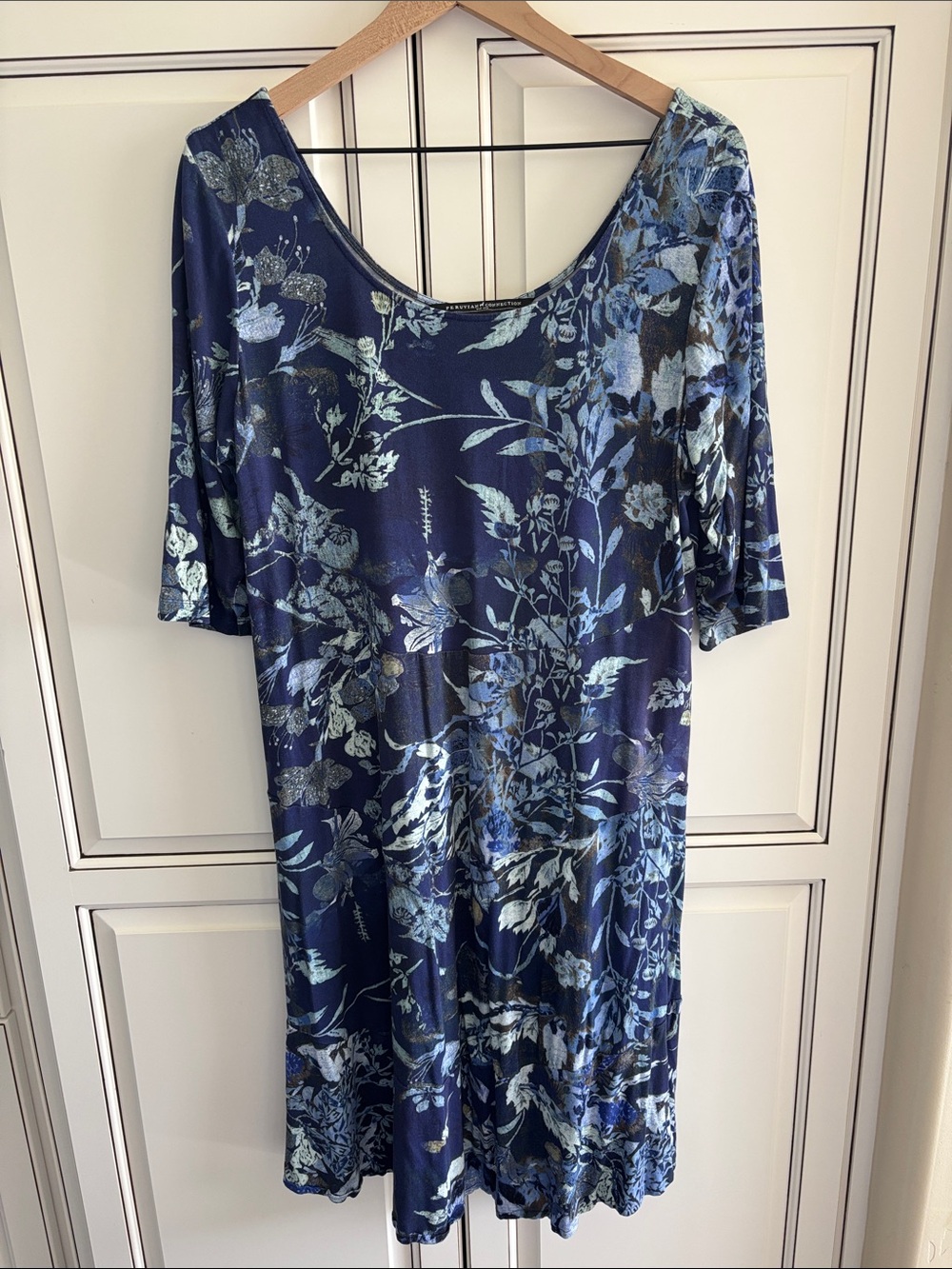 Peruvian Connection Blue Floral Pima Cotton Scoop Neck Midi Dress Womens Size XL